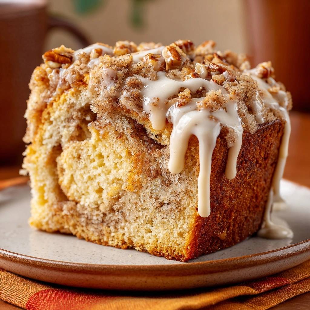 Pecan cinnamon crumb cake with no-sink streusel, shown as a moist cross-section slice with drippy glaze.
