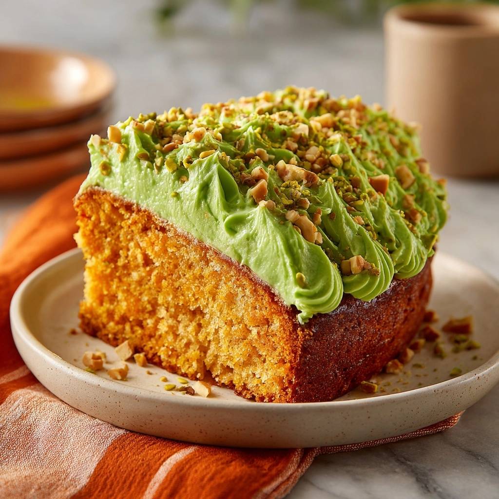 Pistachio carrot cake slice with ultra-moist crumb, showcasing a detailed cross-section and vibrant green frosting.