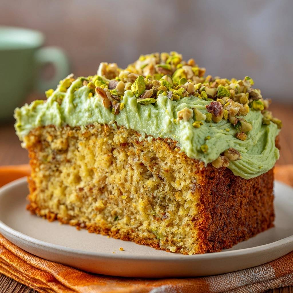 Pistachio carrot cake slice generously topped with creamy green frosting and chopped pistachios, showcasing its moist crumb.