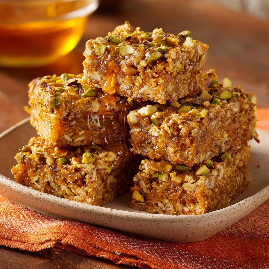 Pistachio honey oat squares, firm no-bake treats, are stacked and drizzled with golden honey.