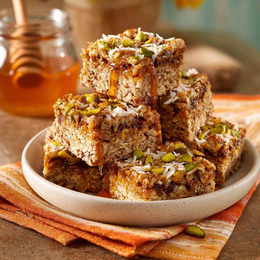 Pistachio honey oat squares are stacked high on a plate, drizzled generously with golden honey.