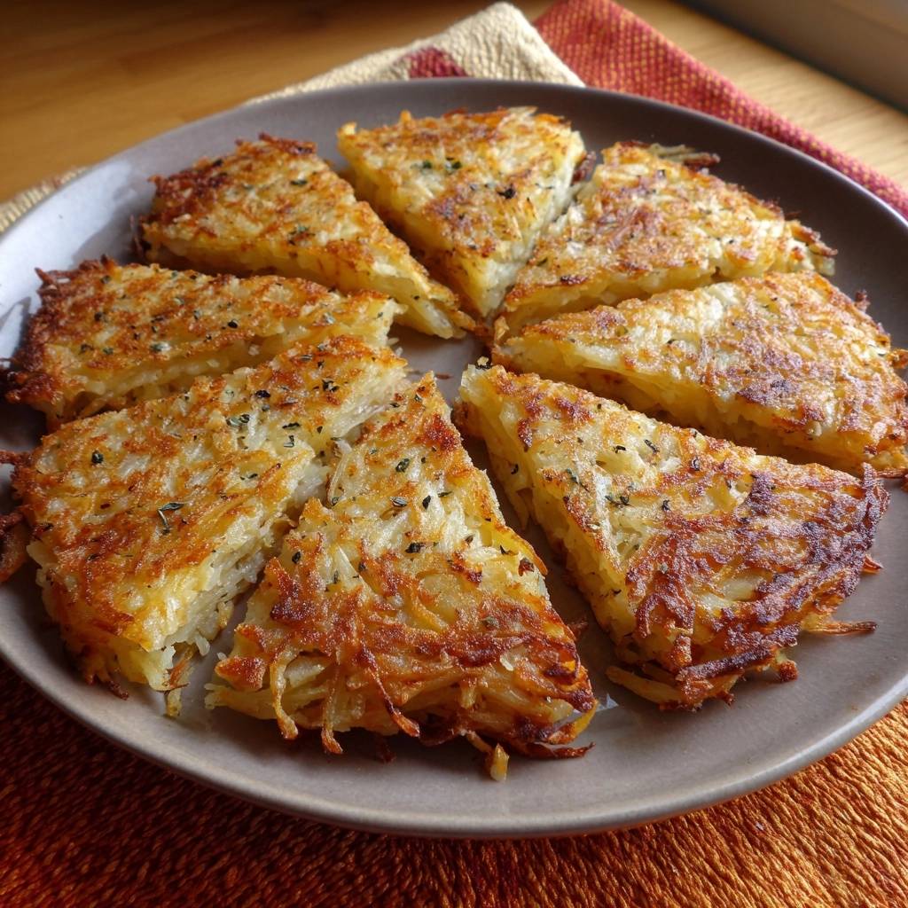Crispy potato latkes cut into triangular slices, arranged on a brown plate, showcasing their golden-brown texture.