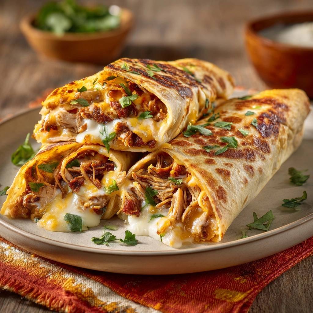 Crispy pulled chicken burritos shown in a close-up cross-section, highlighting melted cheese and tender filling.