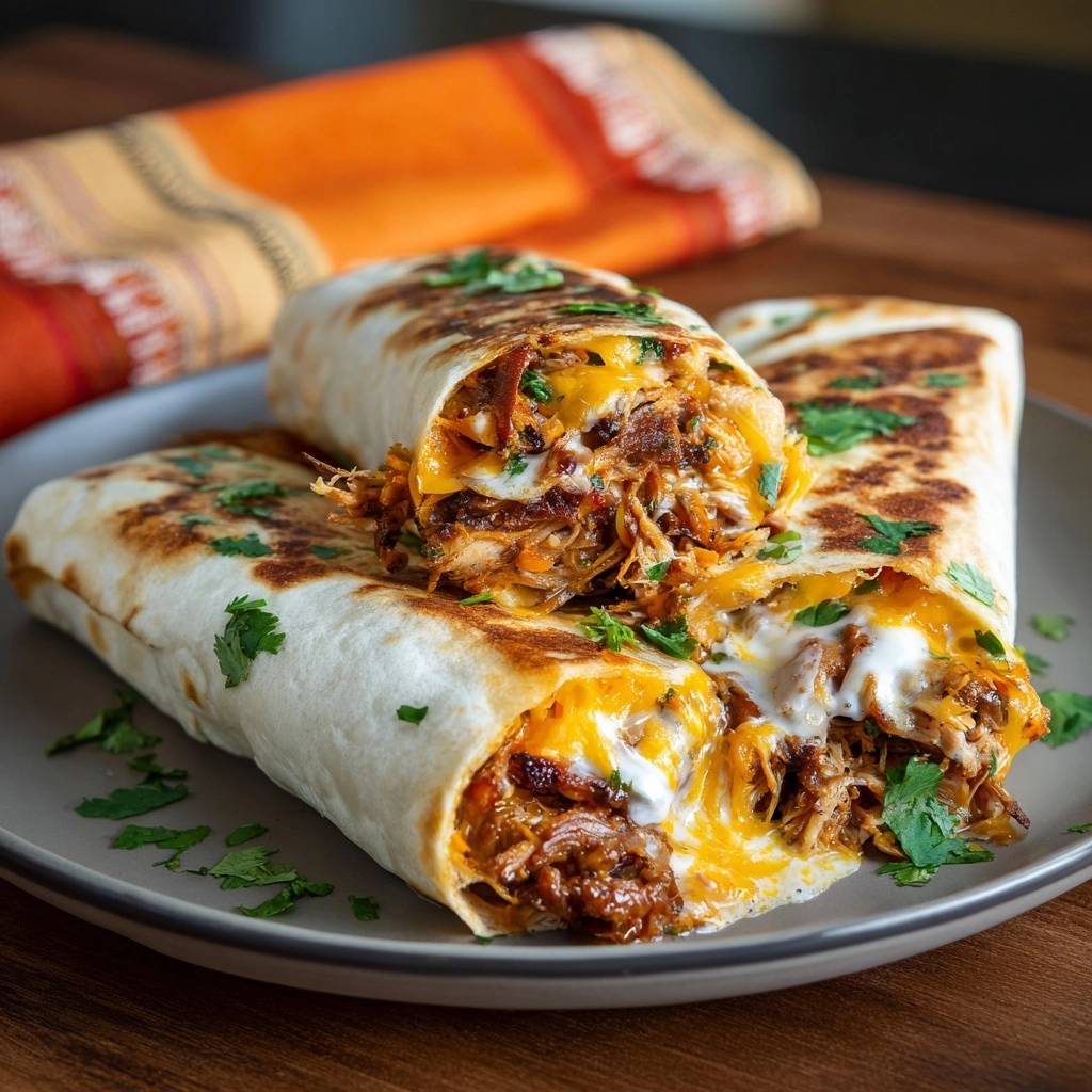 Crispy pulled chicken burritos cross-section showing melted cheese and filling, garnished with cilantro.