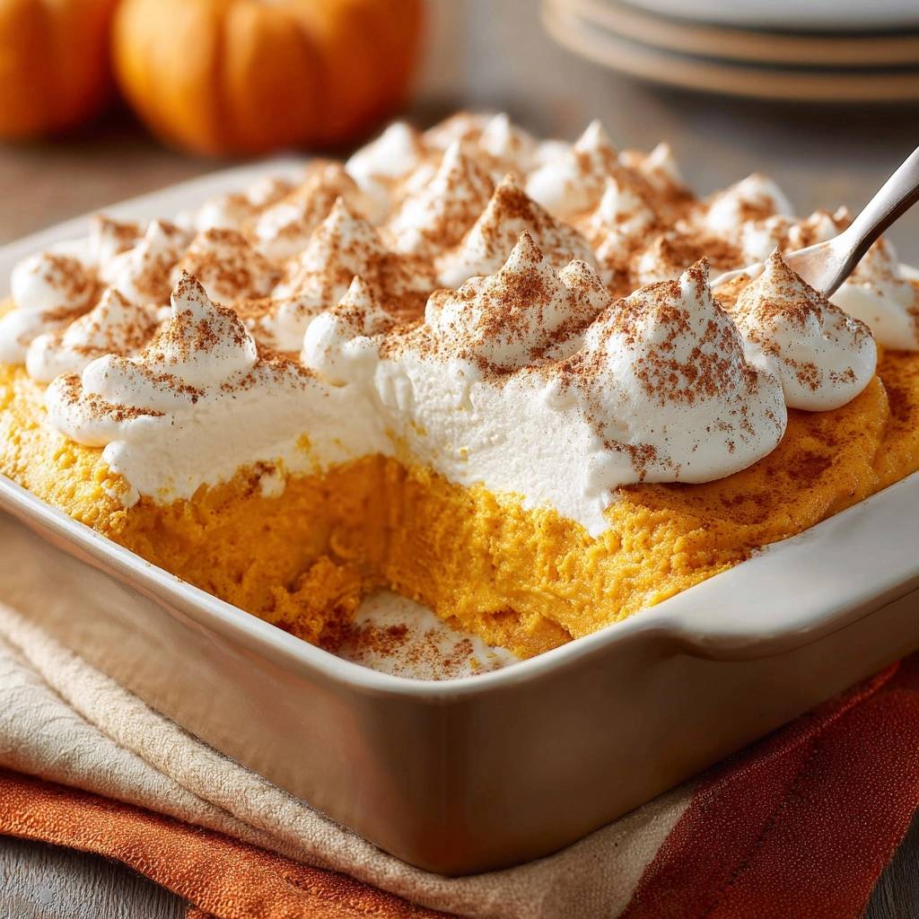 Pumpkin cheesecake bars with a fluffy meringue topping dusted with cinnamon, showing a fork taking a bite.