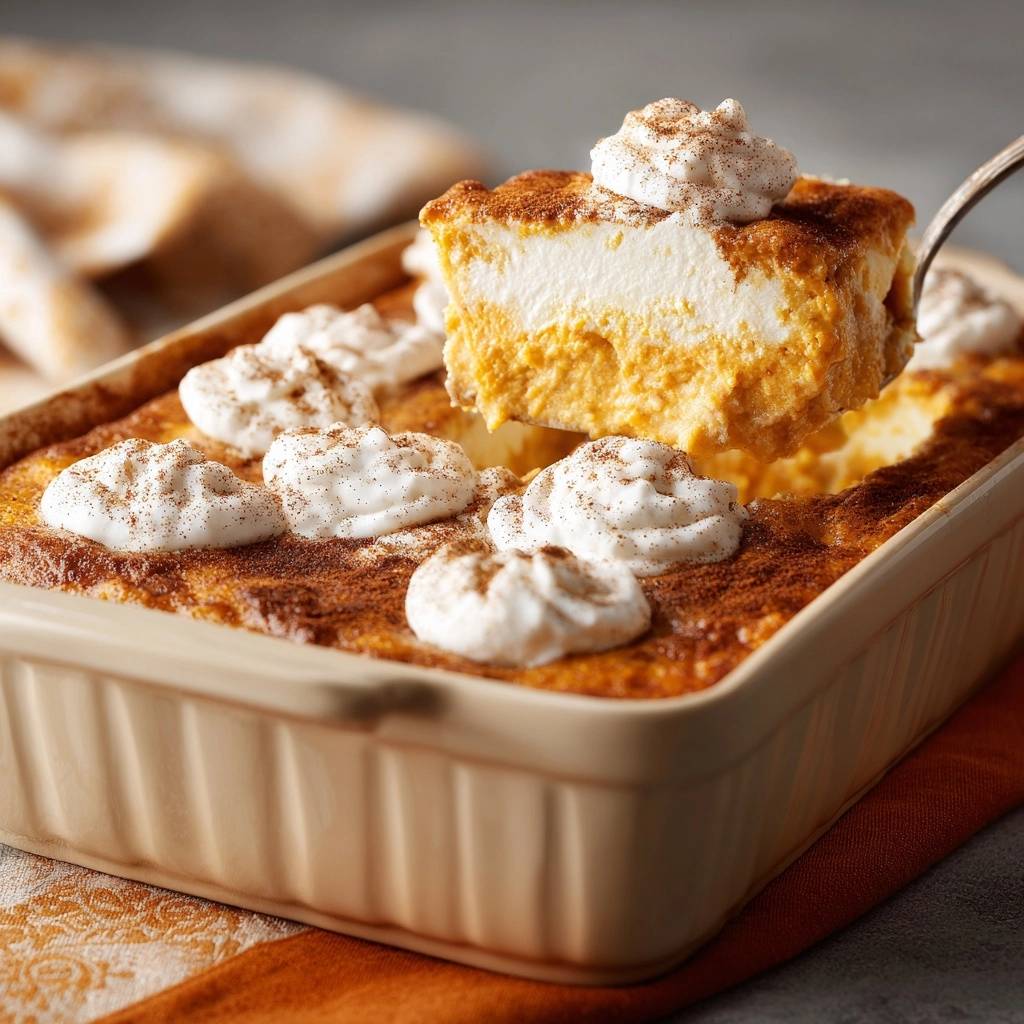 Pumpkin cheesecake bars with no cracks, with a slice being lifted showing the creamy layers and whipped topping.