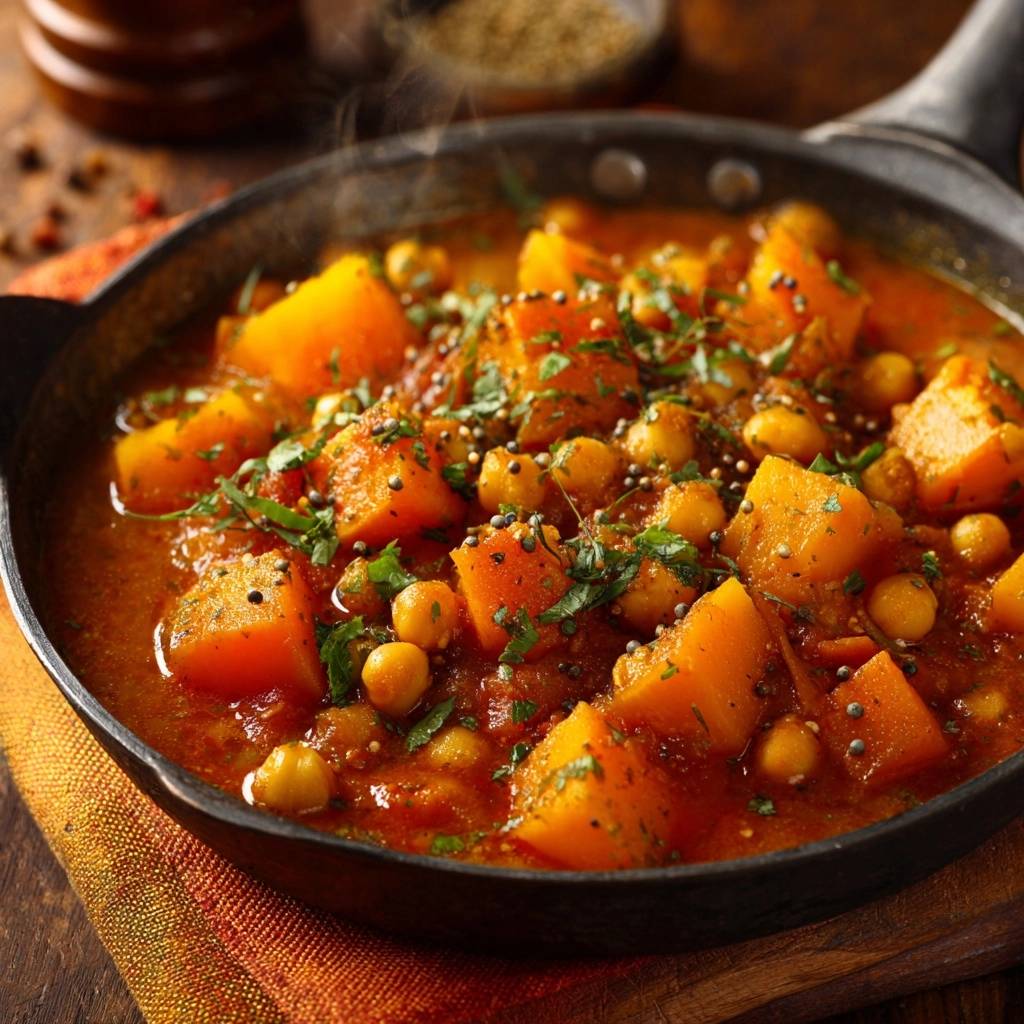 Pumpkin chickpea curry with a close-up view showcasing its firm texture and vibrant spices.