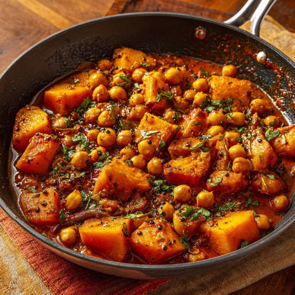 Pumpkin chickpea curry with firm texture guaranteed, shown in a close-up detail shot of the ingredients in a pan.
