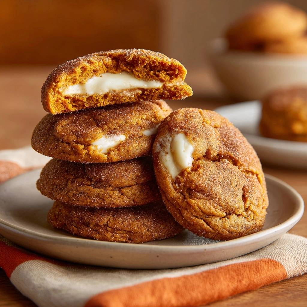 Pumpkin snickerdoodle sandwiches with a creamy white filling shown in a close-up cross-section view.
