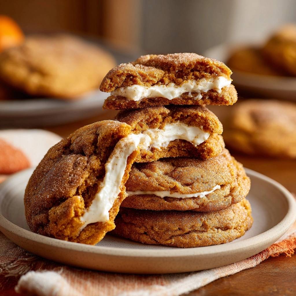 Pumpkin snickerdoodle sandwiches shown in a cross-section stack, revealing the creamy filling between soft cookies.