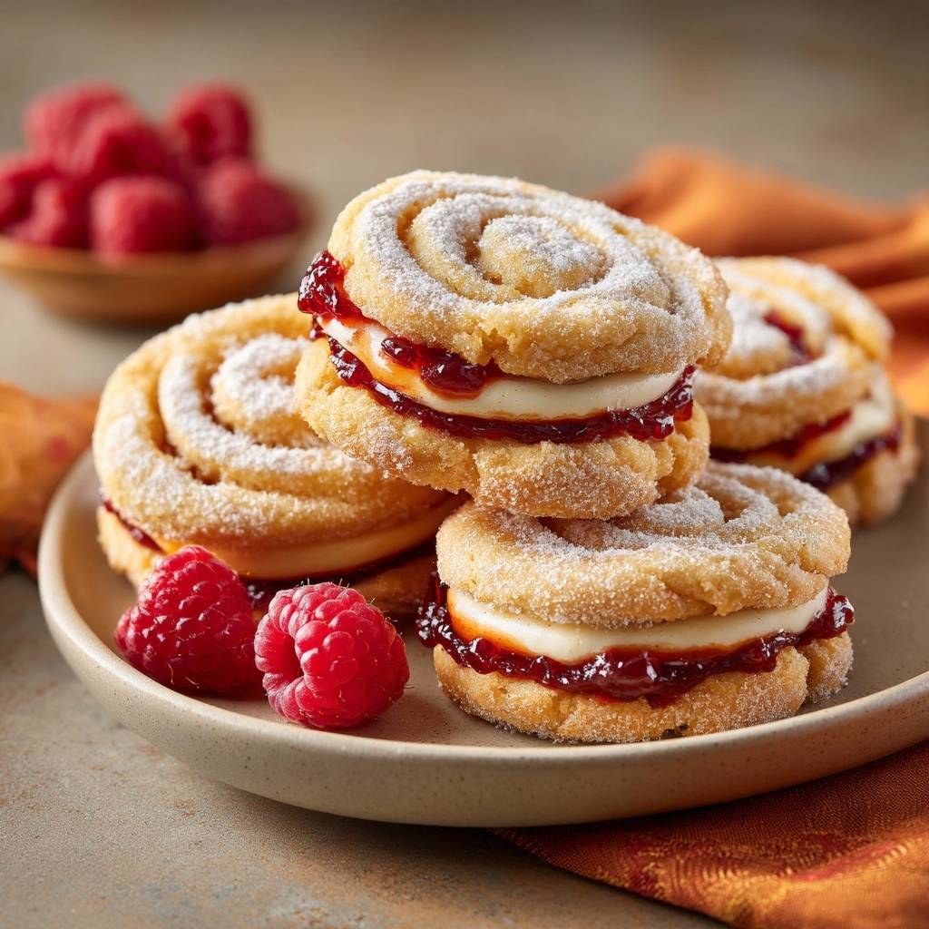 Raspberry cream crullers with perfect crunch stacked on a plate with fresh raspberries and a bowl of raspberries in the background.