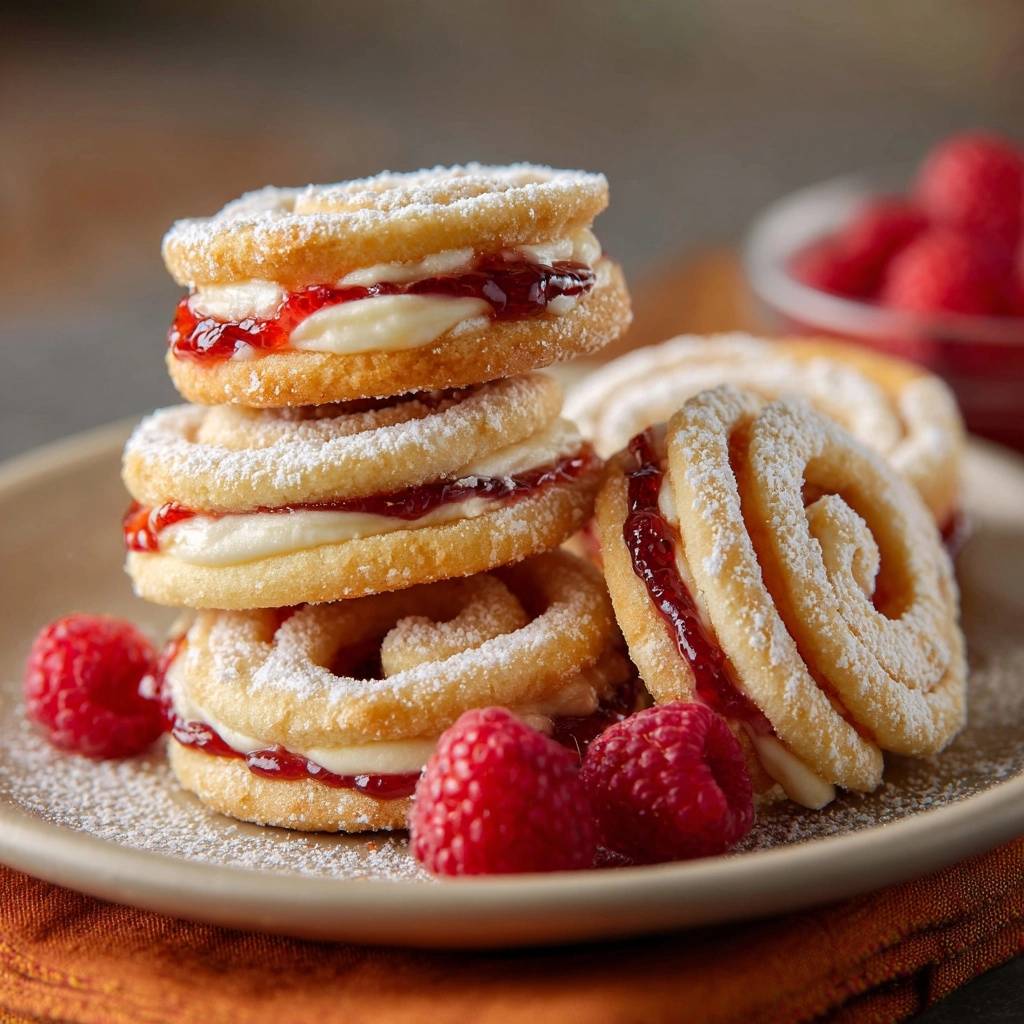 Raspberry cream crullers with perfect crunch stacked on a plate with fresh raspberries.