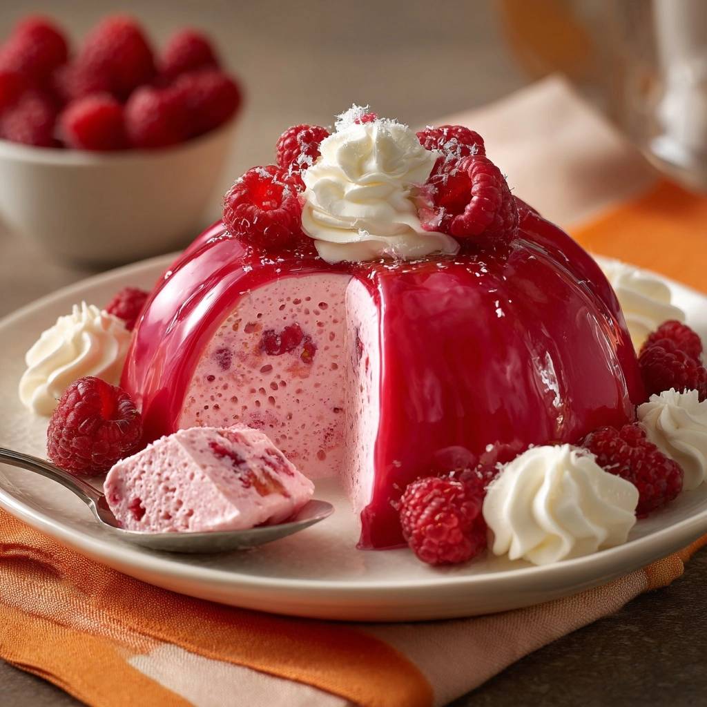 Raspberry mousse dome cross-section with a spoonful of mousse, showcasing the interior texture and fresh raspberries.