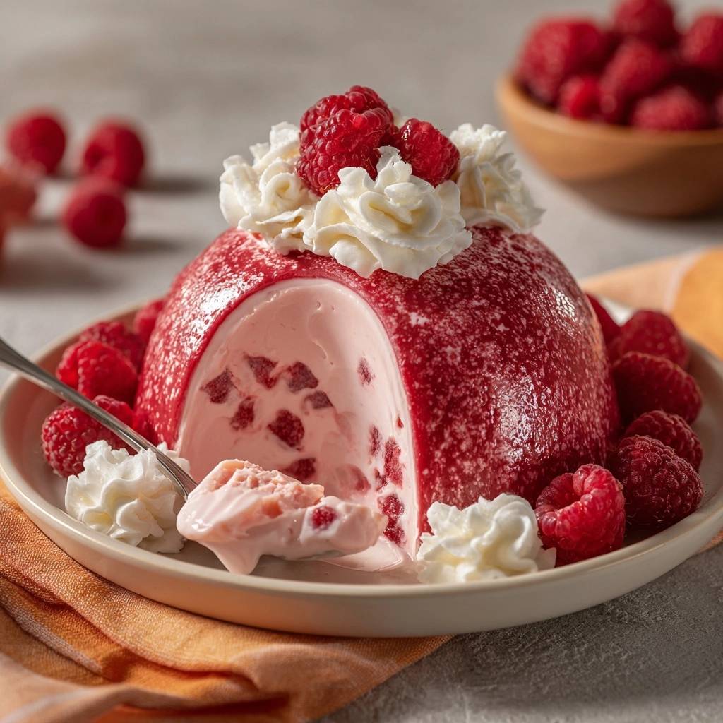 Raspberry mousse dome with a spoonful taken out, showing the raspberry and mousse interior, garnished with whipped cream.