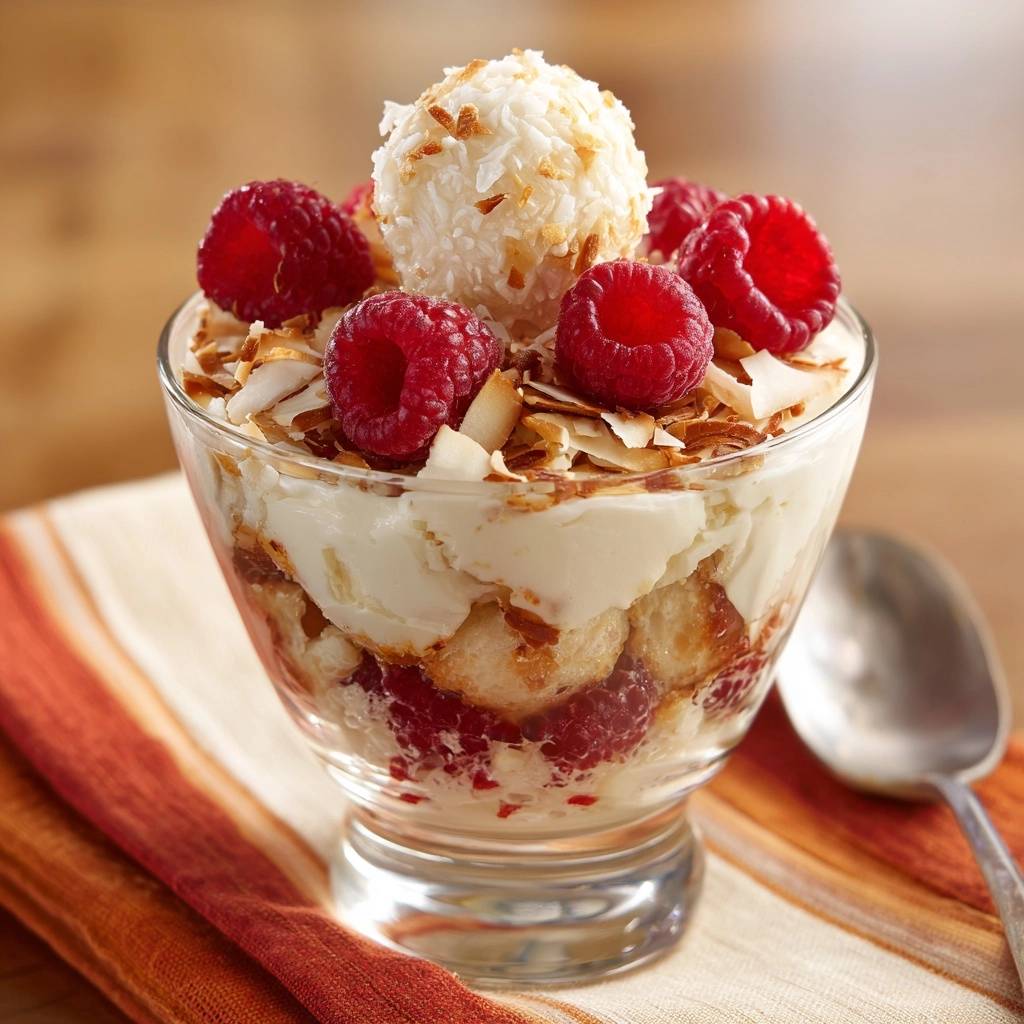 Raspberry Pineapple Coconut Parfait features layers of cake and cream topped with fresh raspberries, toasted coconut, and a scoop of ice cream.