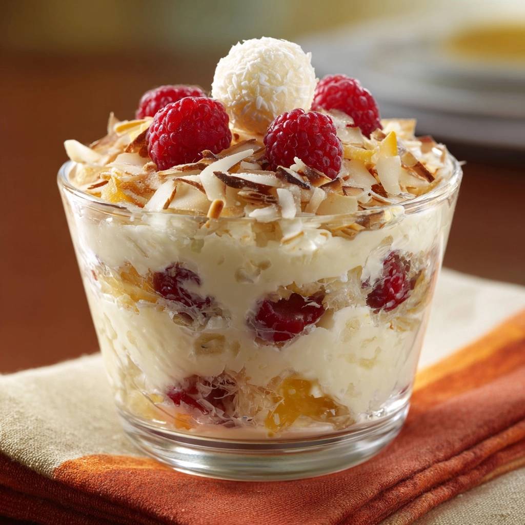 Raspberry pineapple coconut parfait in a glass, showing layers of fruit, cream, and toppings.