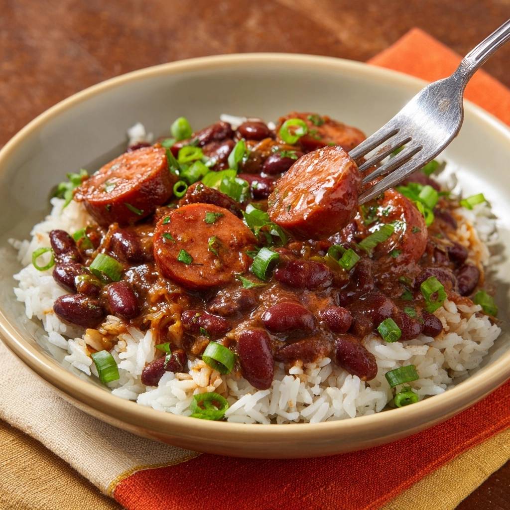Red beans and rice with smoked sausage, with a fork lifting a sausage slice showing the creamy texture.