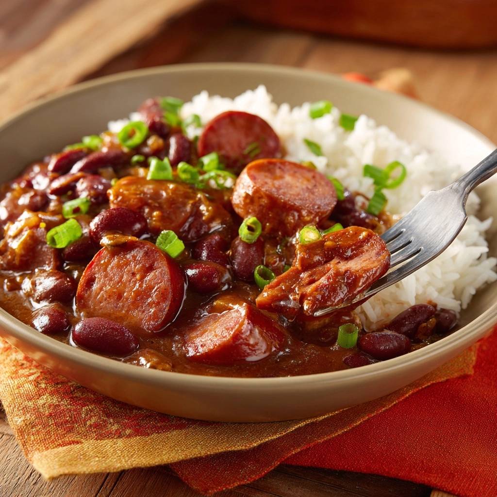 Red beans and rice with smoked sausage, with a forkful showing the creamy texture and sliced sausage.