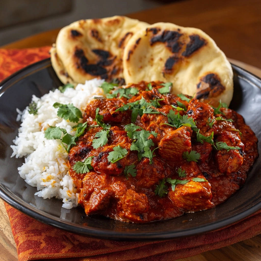 Restaurant-style chicken curry served with fluffy white rice and grilled naan bread, garnished with fresh cilantro.