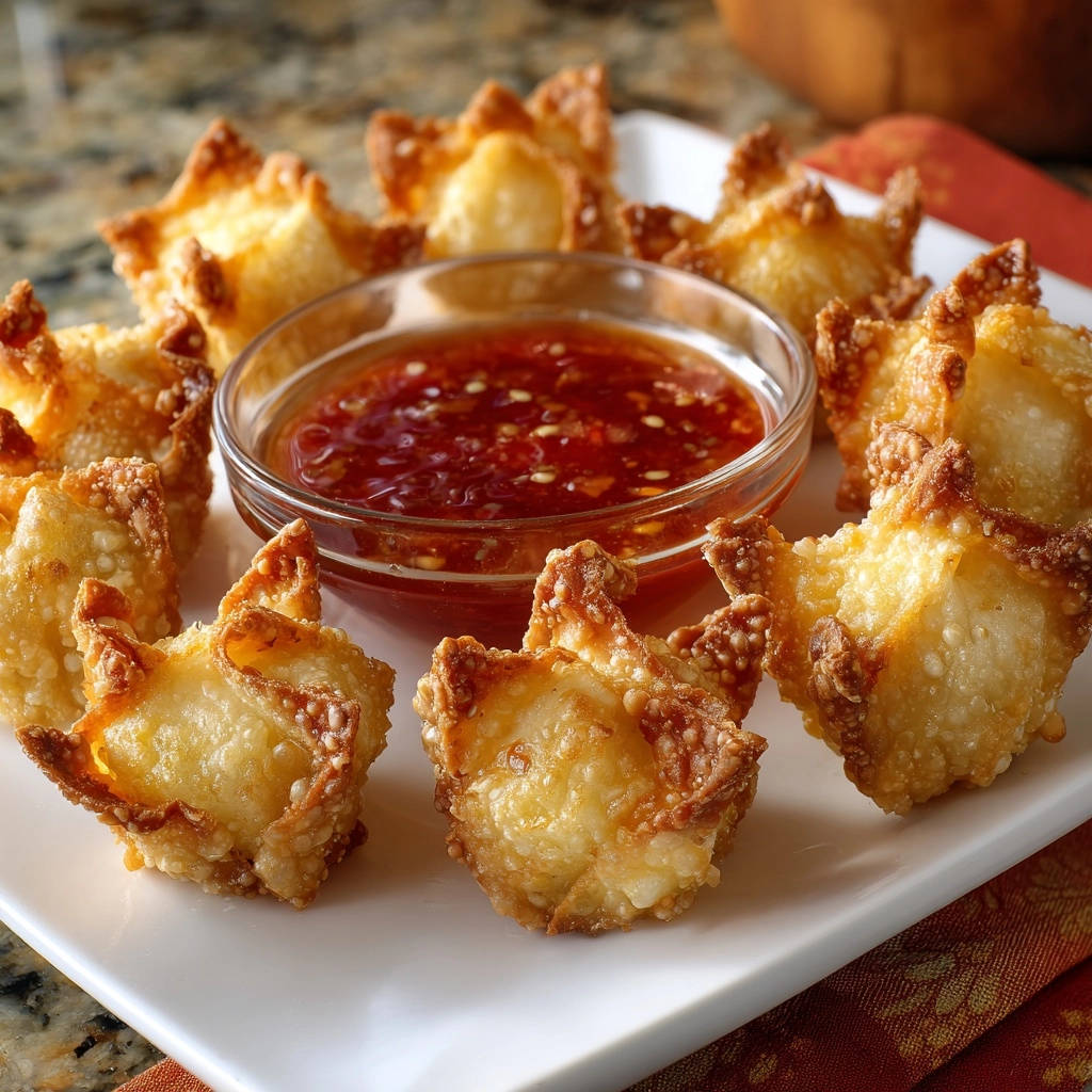 Restaurant-style crispy wontons arranged on a white plate with a bowl of dipping sauce.