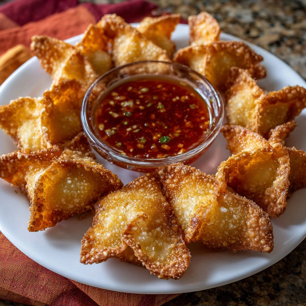 Restaurant-style crispy wontons plated with a side of dipping sauce, showcasing their golden-brown texture.