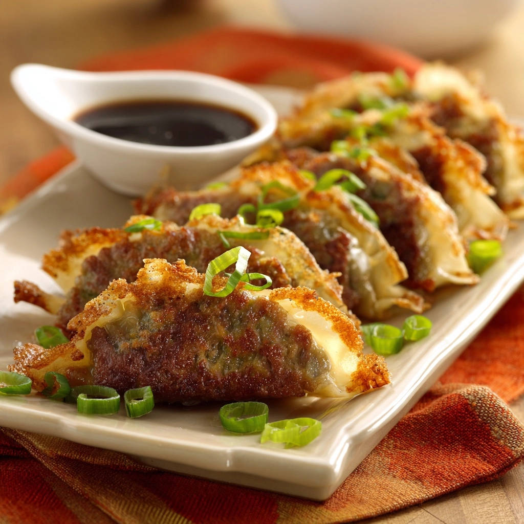 Restaurant-style potstickers featuring a crispy pan-fried bottom and topped with fresh green scallions.