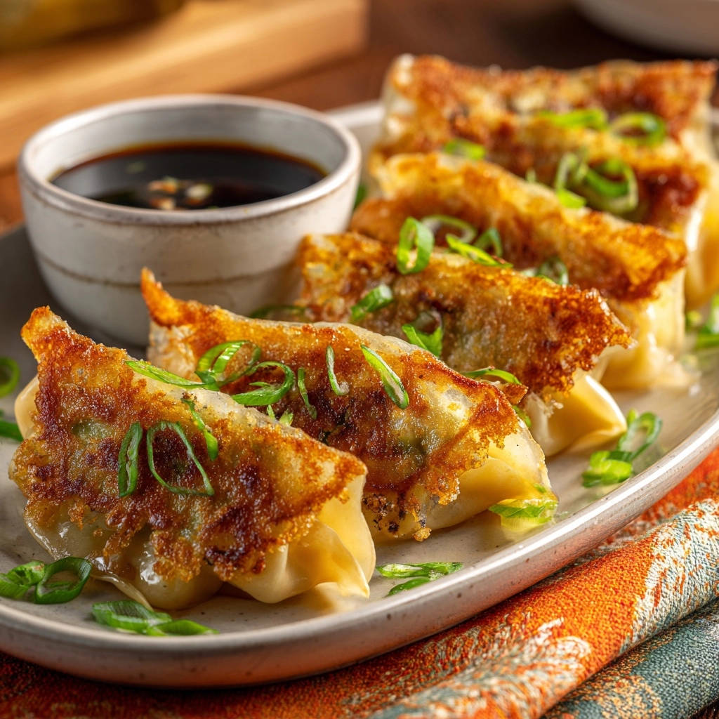 Restaurant-style potstickers with a golden-brown crispy bottom, garnished with chopped green onions and a side of soy sauce.