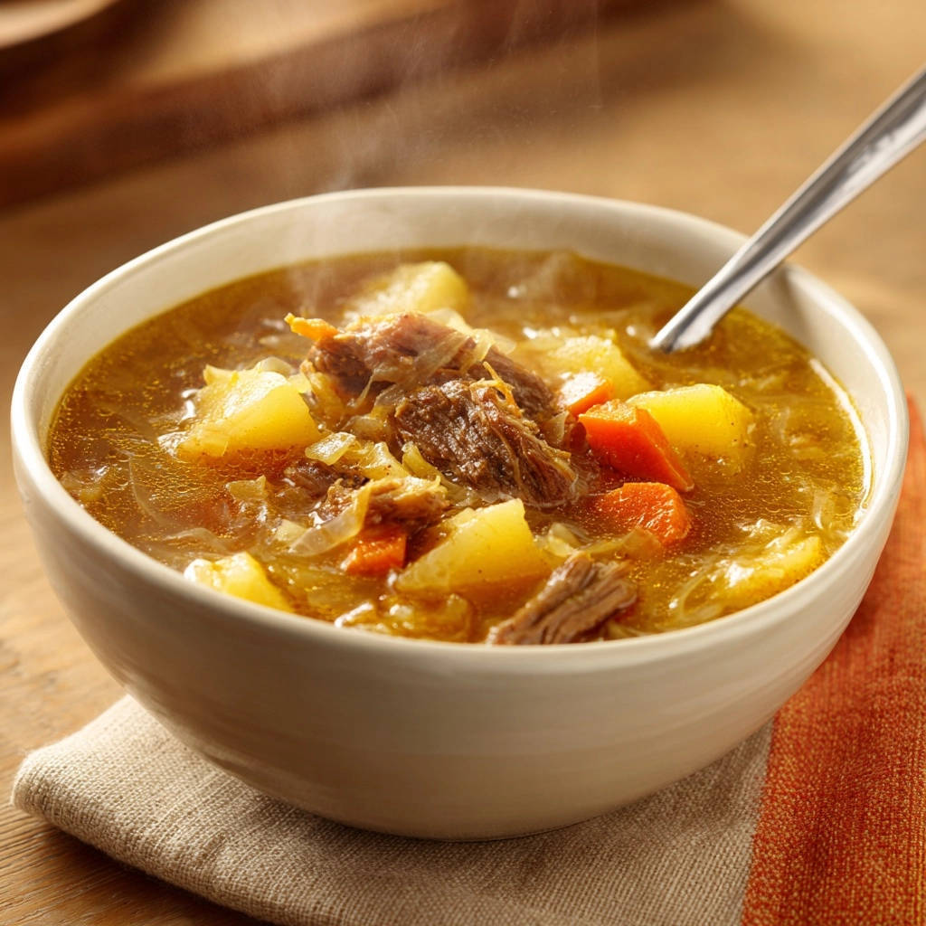 Rich beef and potato stew steaming in a white bowl, showcasing tender meat and hearty vegetables.
