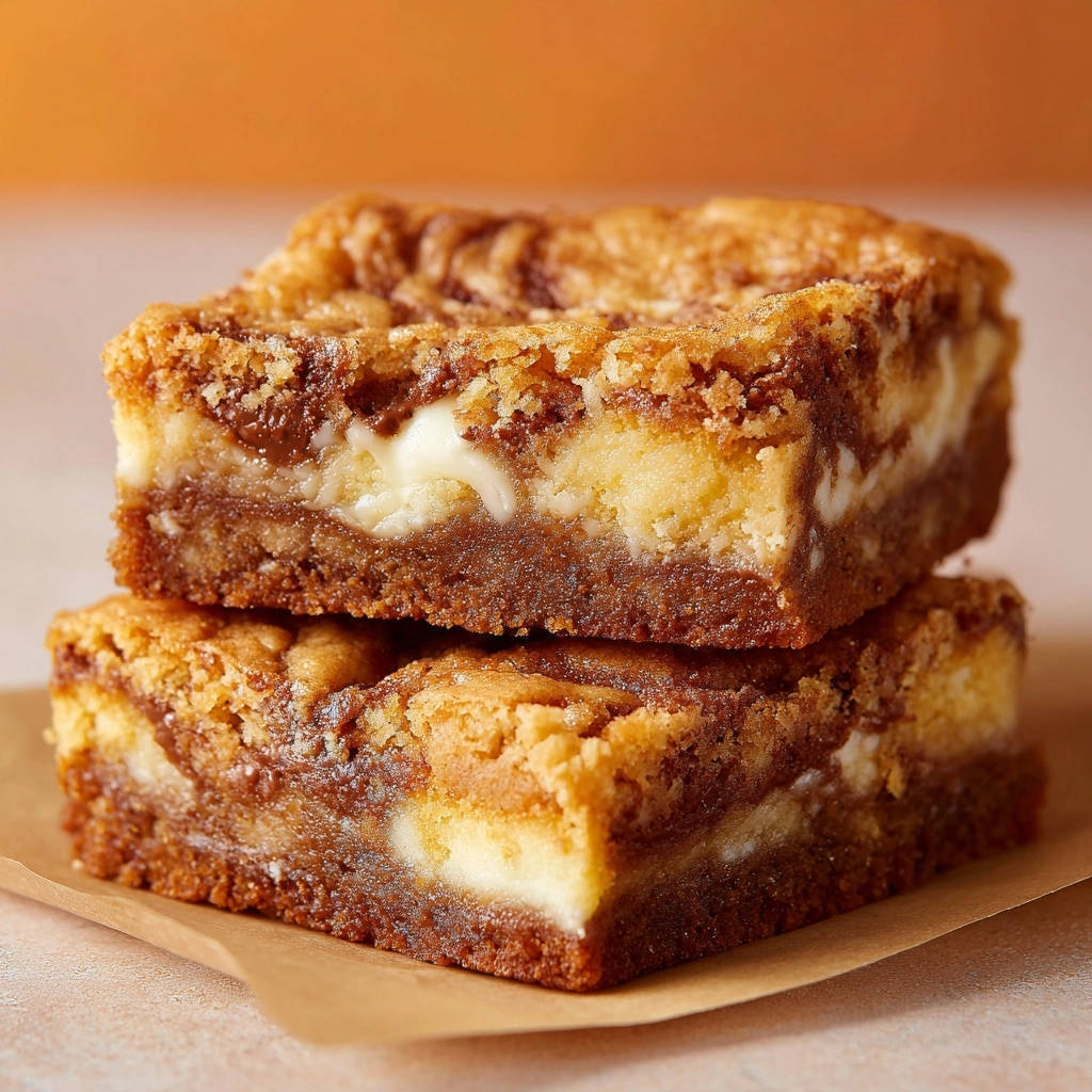 Rich brown sugar blondies stacked, showing a fudgy interior with swirls of cheesecake batter.