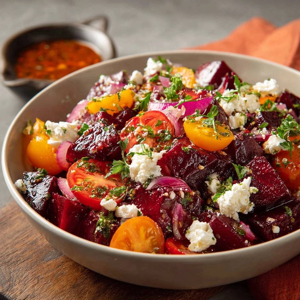 Roasted beet salad with feta and harissa, presented in a close-up bowl view with visible tomatoes and herbs.