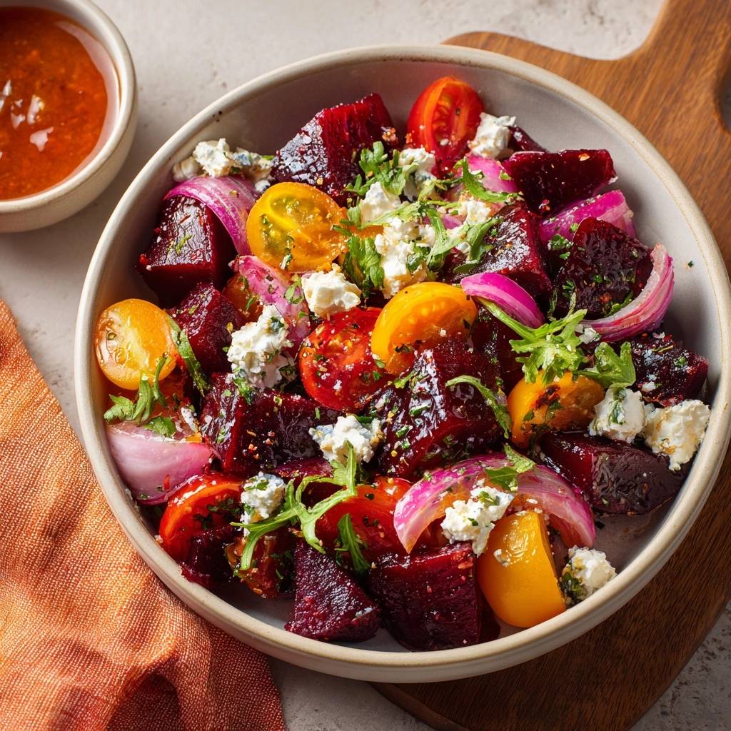 Roasted beet salad with feta and harissa, presented in a bowl with a close-up overhead view showcasing the vibrant colors and textures.