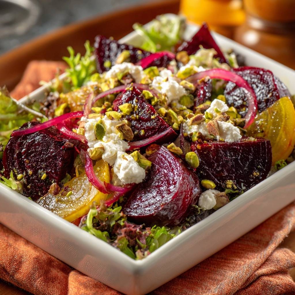 Roasted beet salad with goat cheese, pistachios & pickled onions features a close-up view highlighting the vibrant toppings and textures.