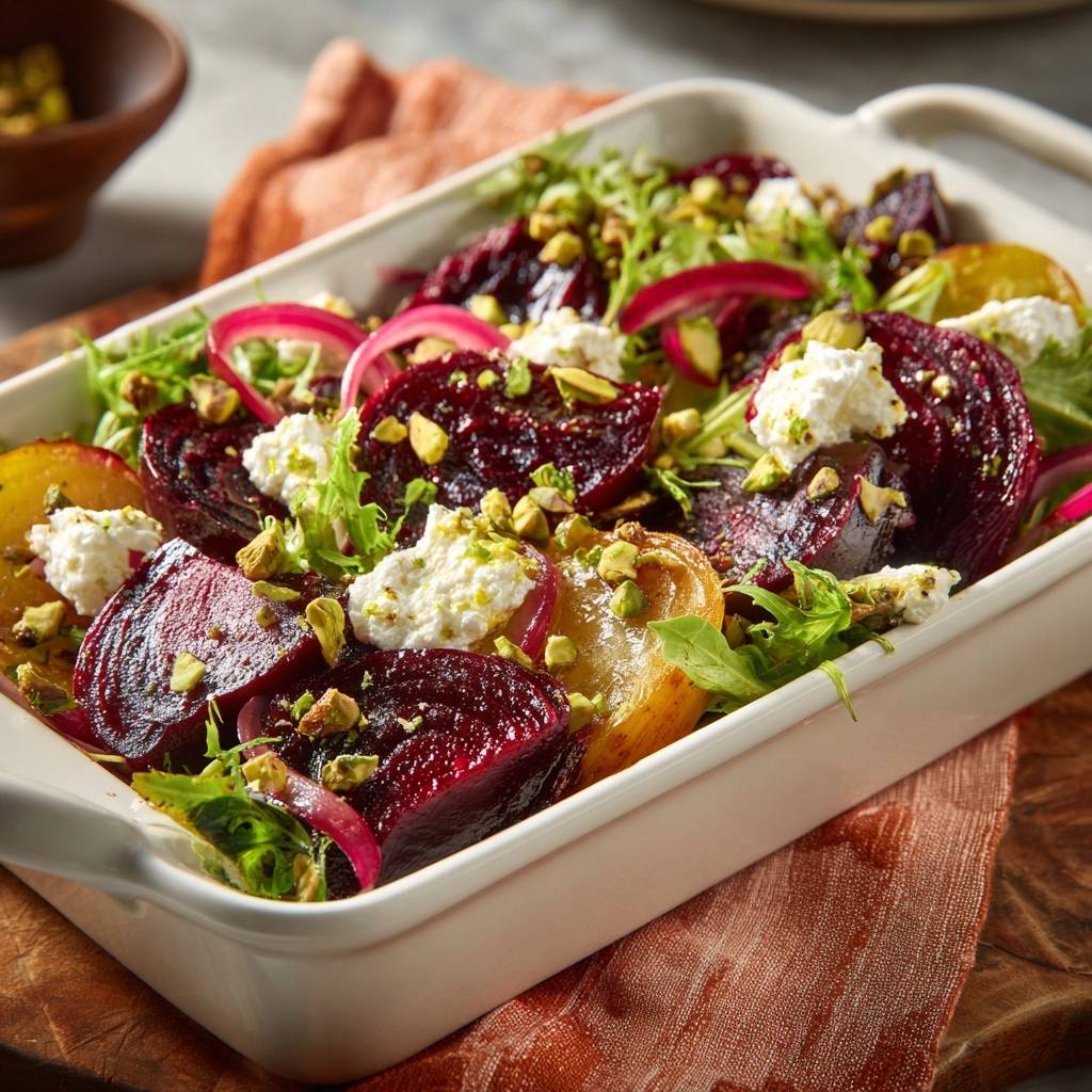 Roasted beet salad with goat cheese, pistachios, and pickled onions served in a white baking dish.