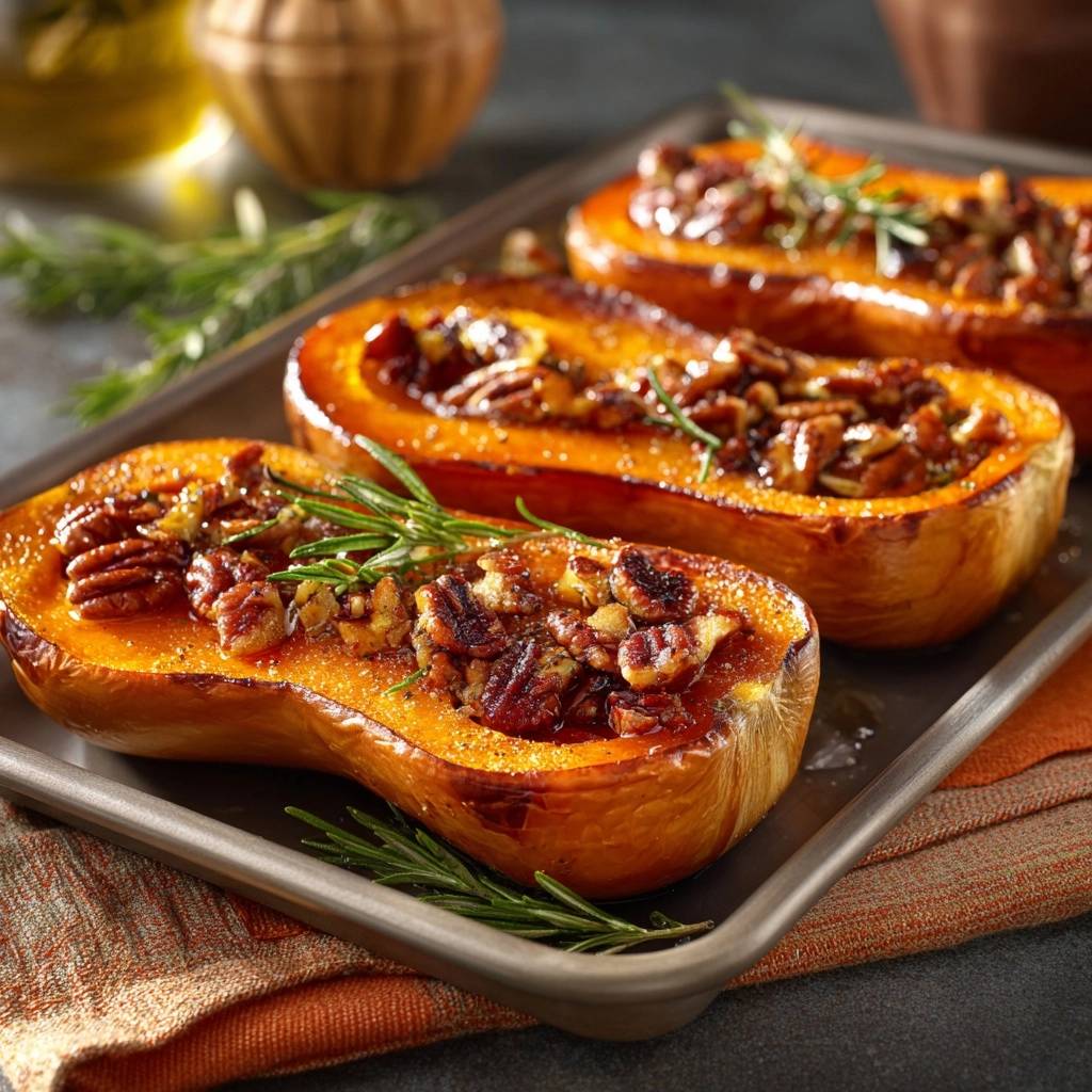 Roasted butternut squash with rosemary pecans, showing a close-up of the pecan topping and fresh rosemary garnish.