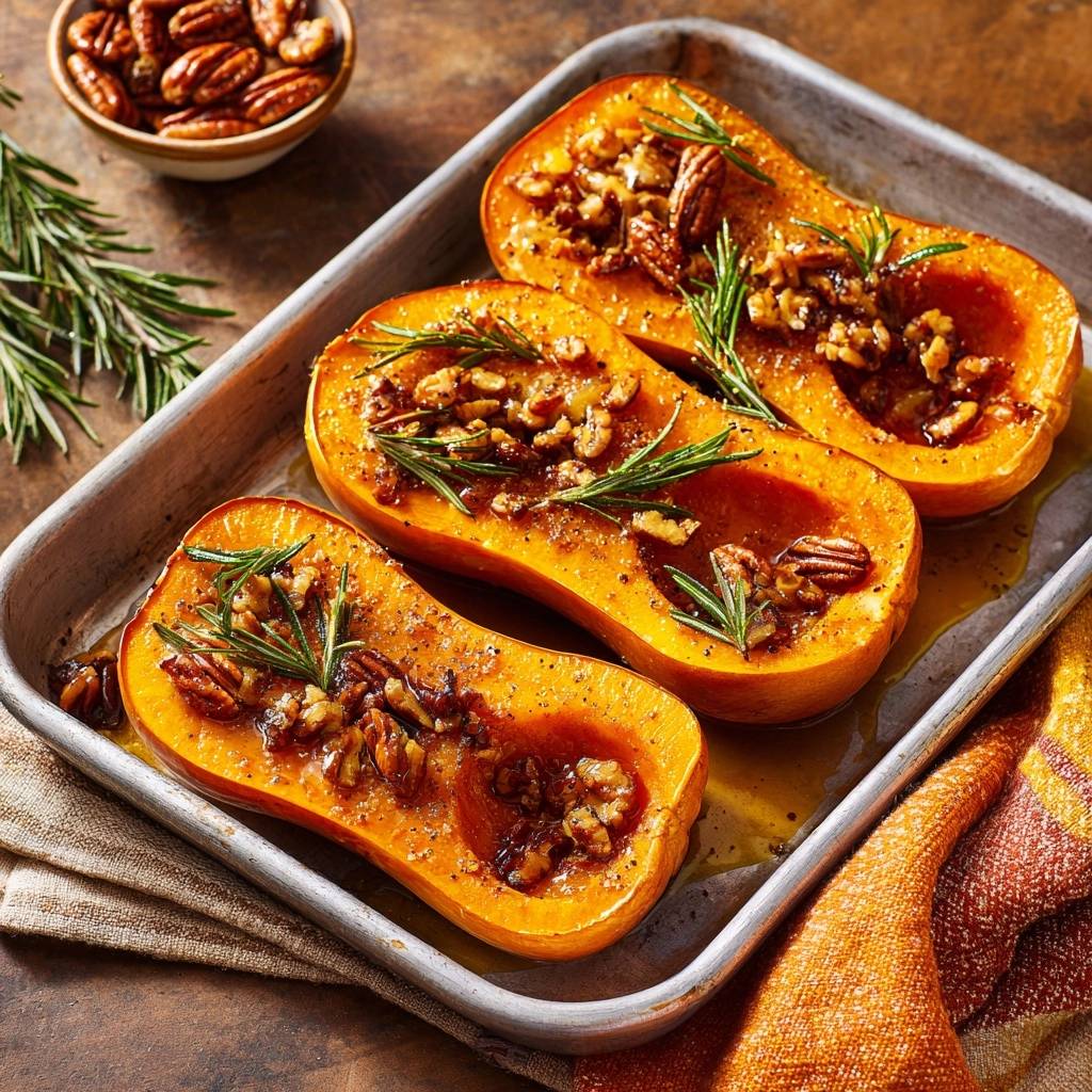 Roasted butternut squash with rosemary pecans halved and arranged on a baking tray, ready to serve.
