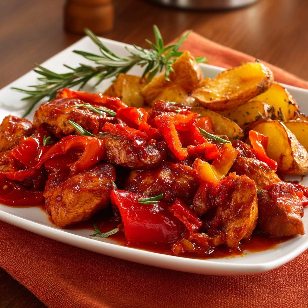 Rosemary chicken with red peppers and potato wedges plated with a sprig of rosemary garnish.