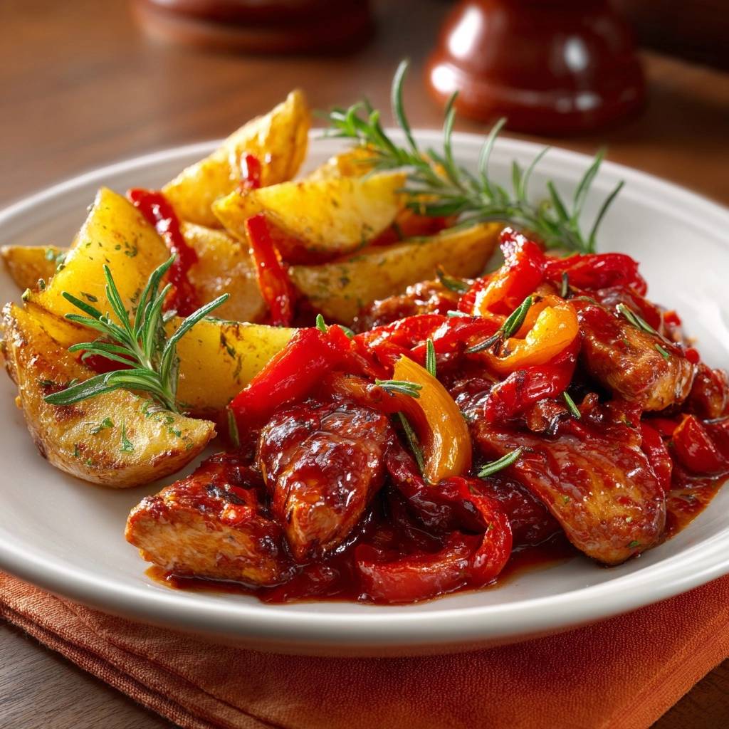Rosemary chicken with red peppers and potato wedges, a plated serving with fresh rosemary garnish.