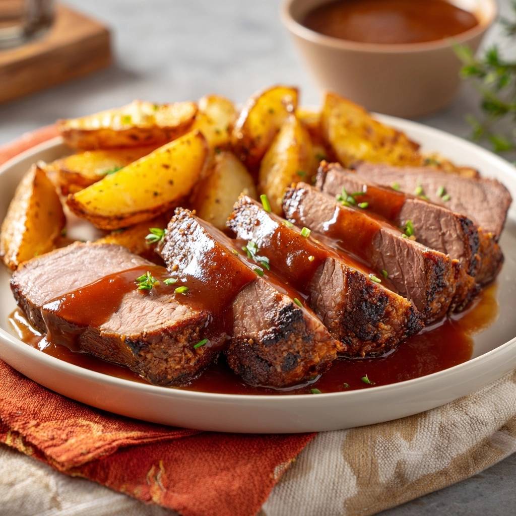 Rosemary crusted roast beef with crispy potato wedges, sliced and drizzled with gravy.