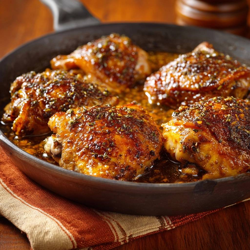 Rosemary orange glazed chicken thighs glistening in their pan sauce, a close-up view of the rich glaze.