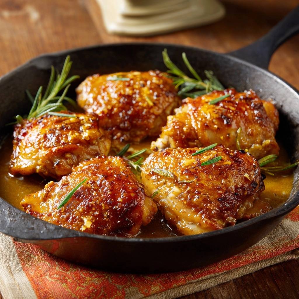 Rosemary orange glazed chicken thighs served in a cast iron skillet with fresh rosemary sprigs.