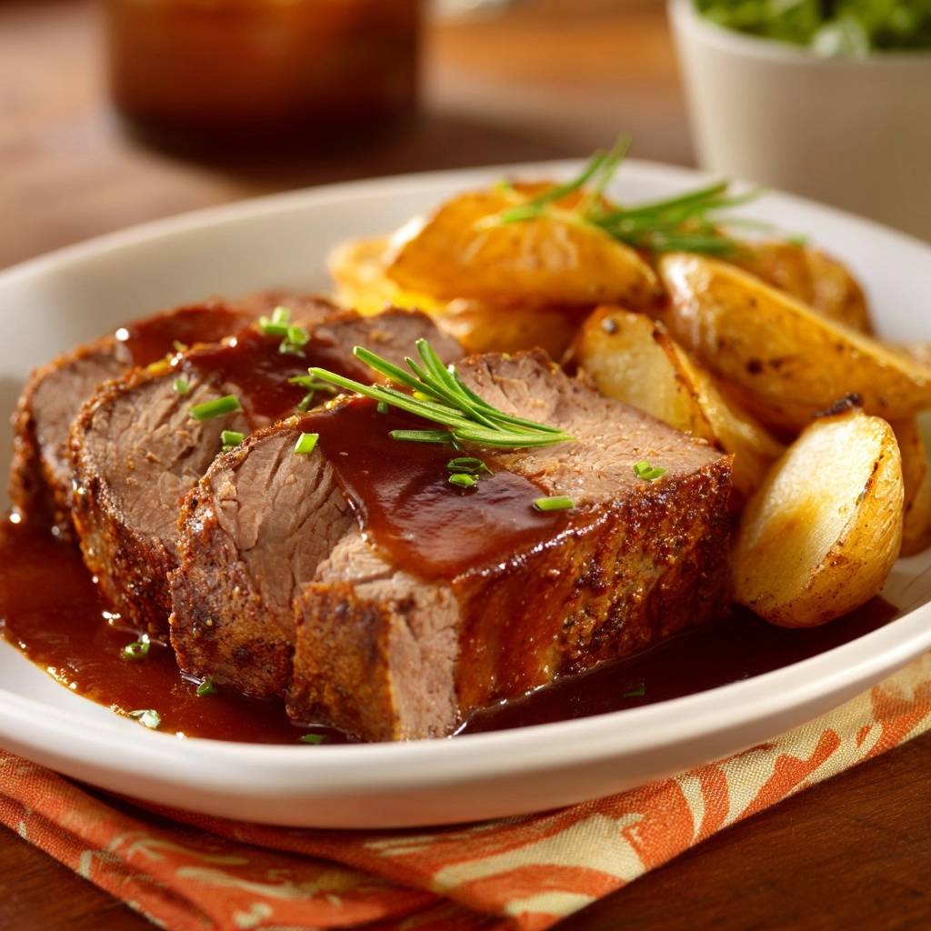 Rosemary crusted roast beef with crispy potato wedges, sliced and drizzled with savory gravy and garnished with rosemary.