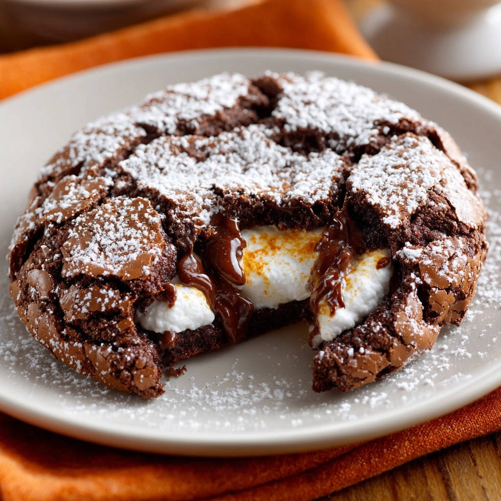 Rich double chocolate s'mores cookie with a gooey marshmallow cross-section, dusted with powdered sugar.