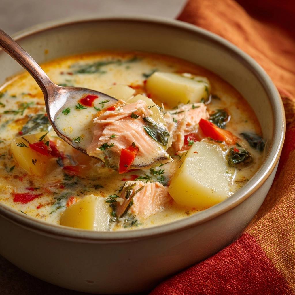 Silky Salmon Potato Chowder with a spoonful showing tender salmon, potatoes, and herbs in creamy broth.