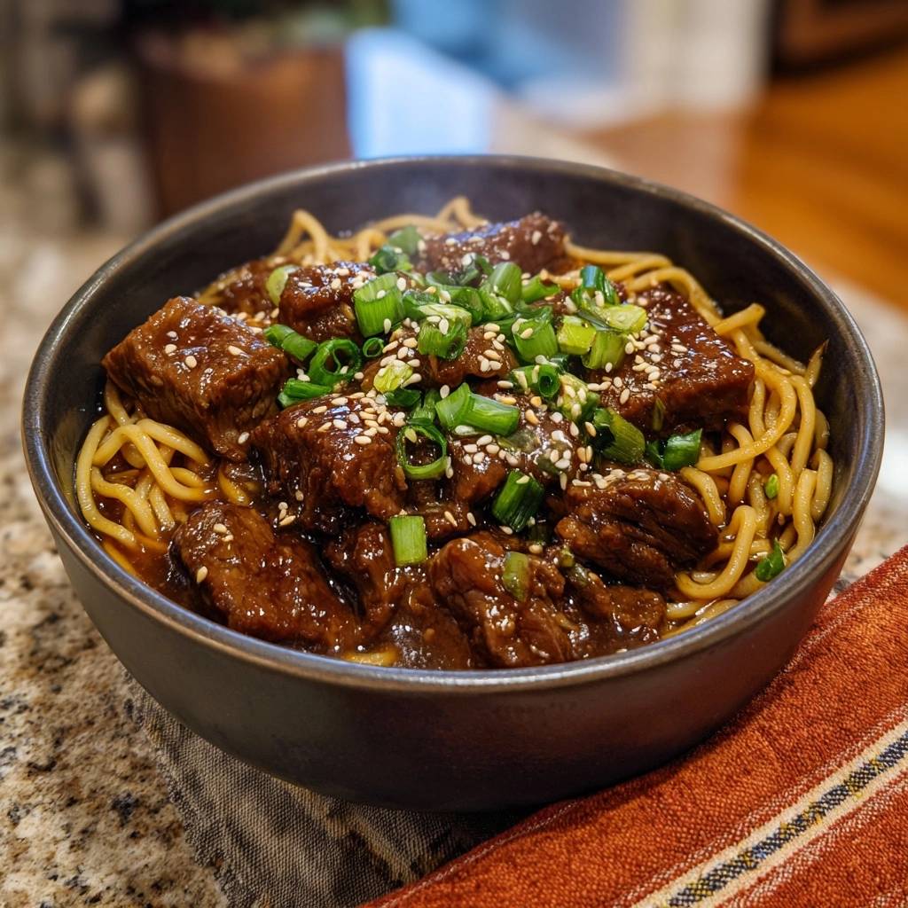 Saucy beef ramen noodles with tender velveting beef glistening in a rich garlic sauce, topped with scallions and sesame seeds.