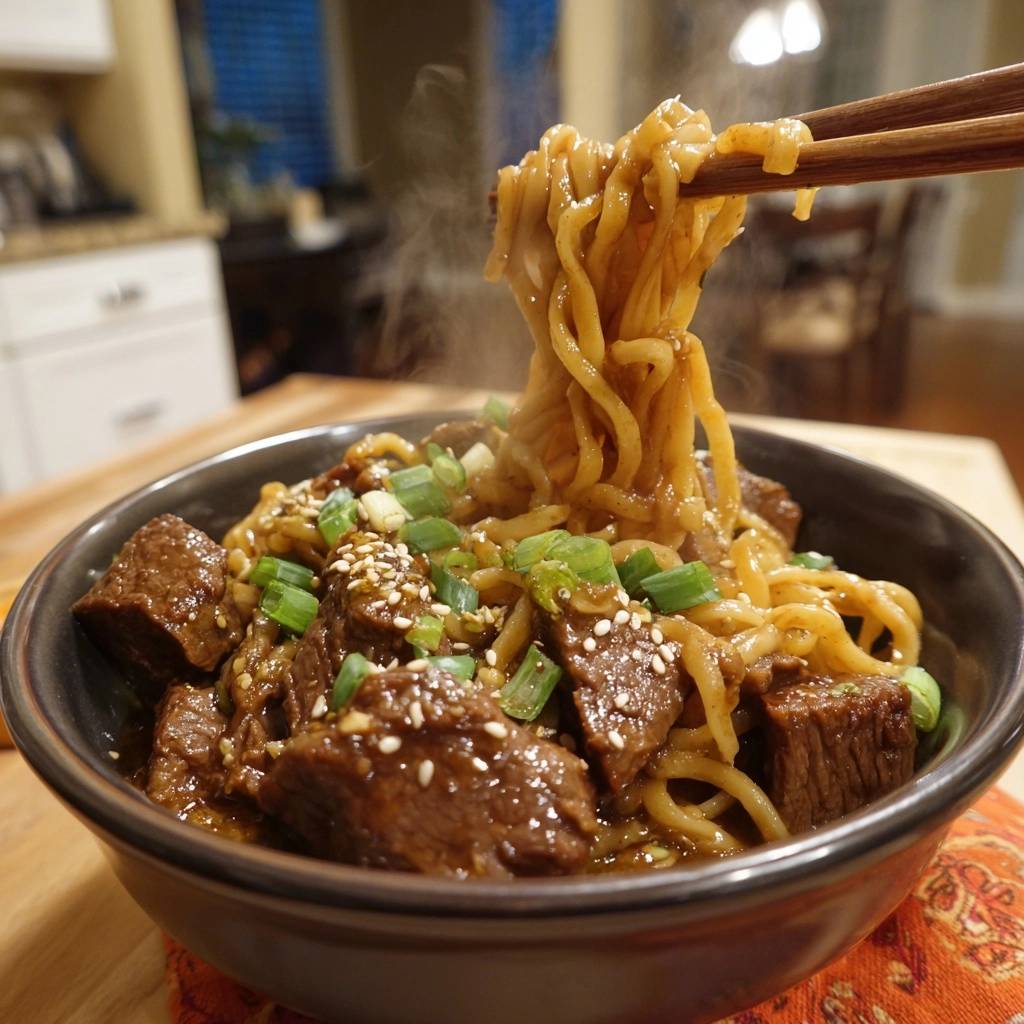 Saucy beef ramen noodles with tender velveting beef, with steam rising from a close-up view of the noodles and beef.
