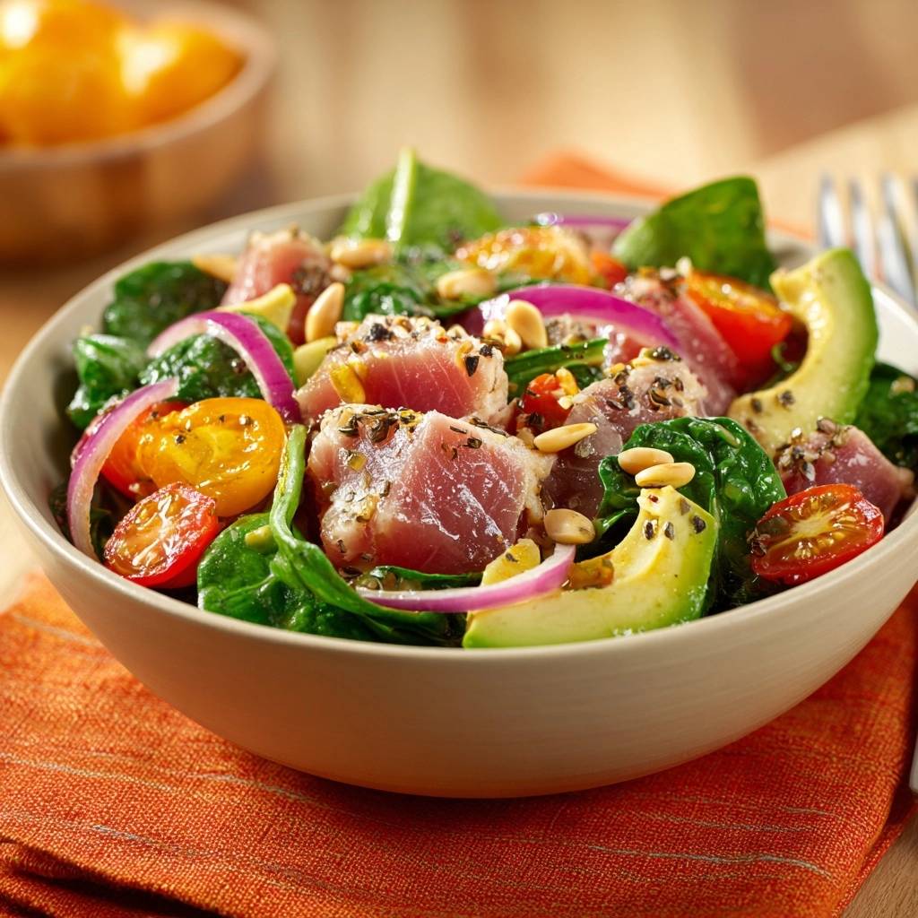 Seared ahi tuna spinach salad in a bowl, featuring avocado, cherry tomatoes, and red onion with a close-up view.