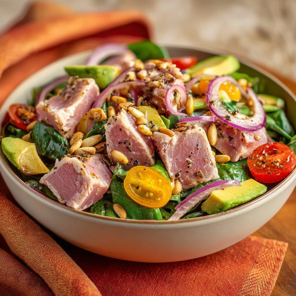 Seared ahi tuna spinach salad is served in a bowl, showcasing chunks of tuna, avocado, red onion, and pine nuts.