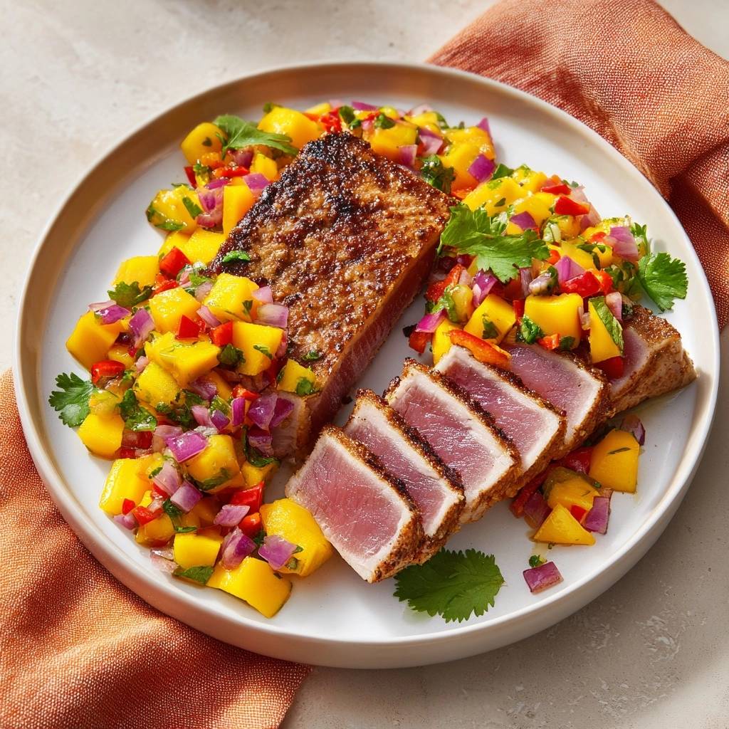 Seared tuna with mango salsa plated with sliced tuna showing a pink interior and a vibrant fruit salad topping.