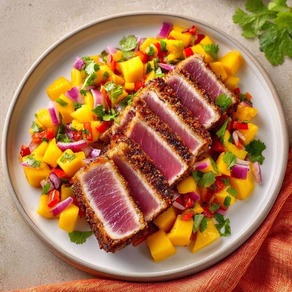 Seared tuna with mango salsa, sliced to reveal a perfectly cooked interior and served with vibrant salsa.