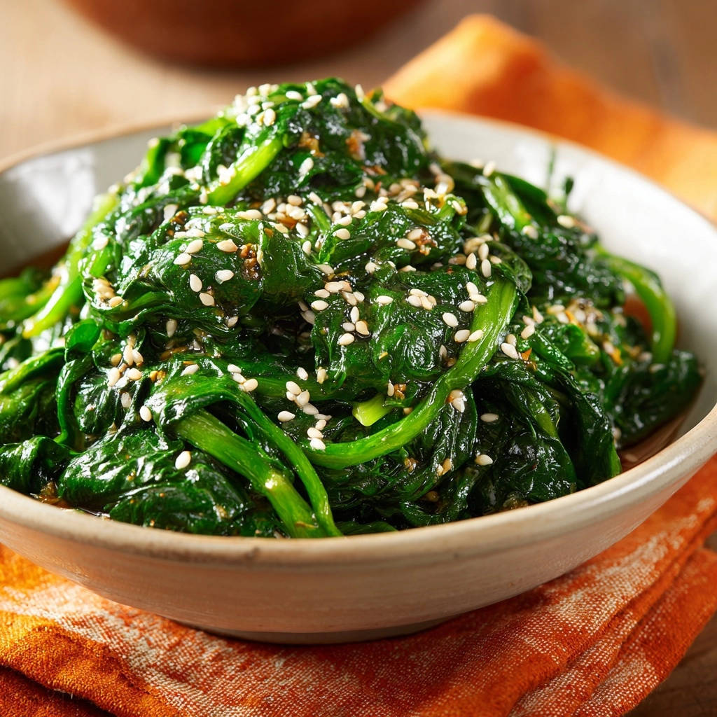 Sesame garlic spinach, a vibrant side dish, shown in a close-up view with a sprinkle of sesame seeds as garnish.